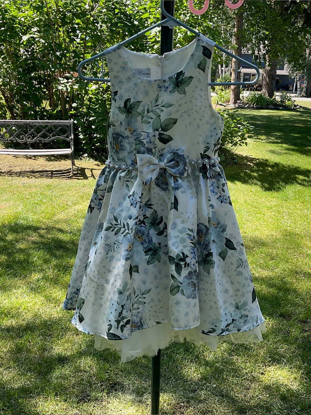 Girls Floral Bow Party Dress in Light Blue by